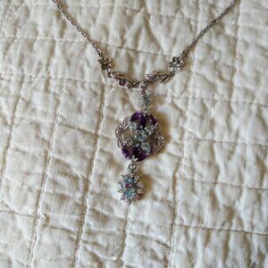 New 925 Necklace Oval Aquamarine 4 Marquise Purple Sapphires 6 Round Aquamarine